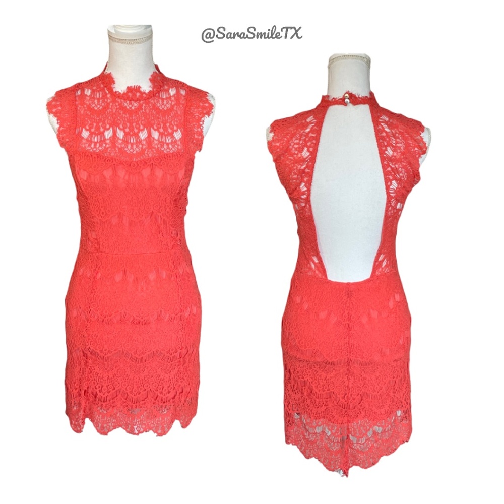 FREE PEOPLE - Daydream - Coral Lace Bodycon Plunging Open Back Mini Dress - NWOT